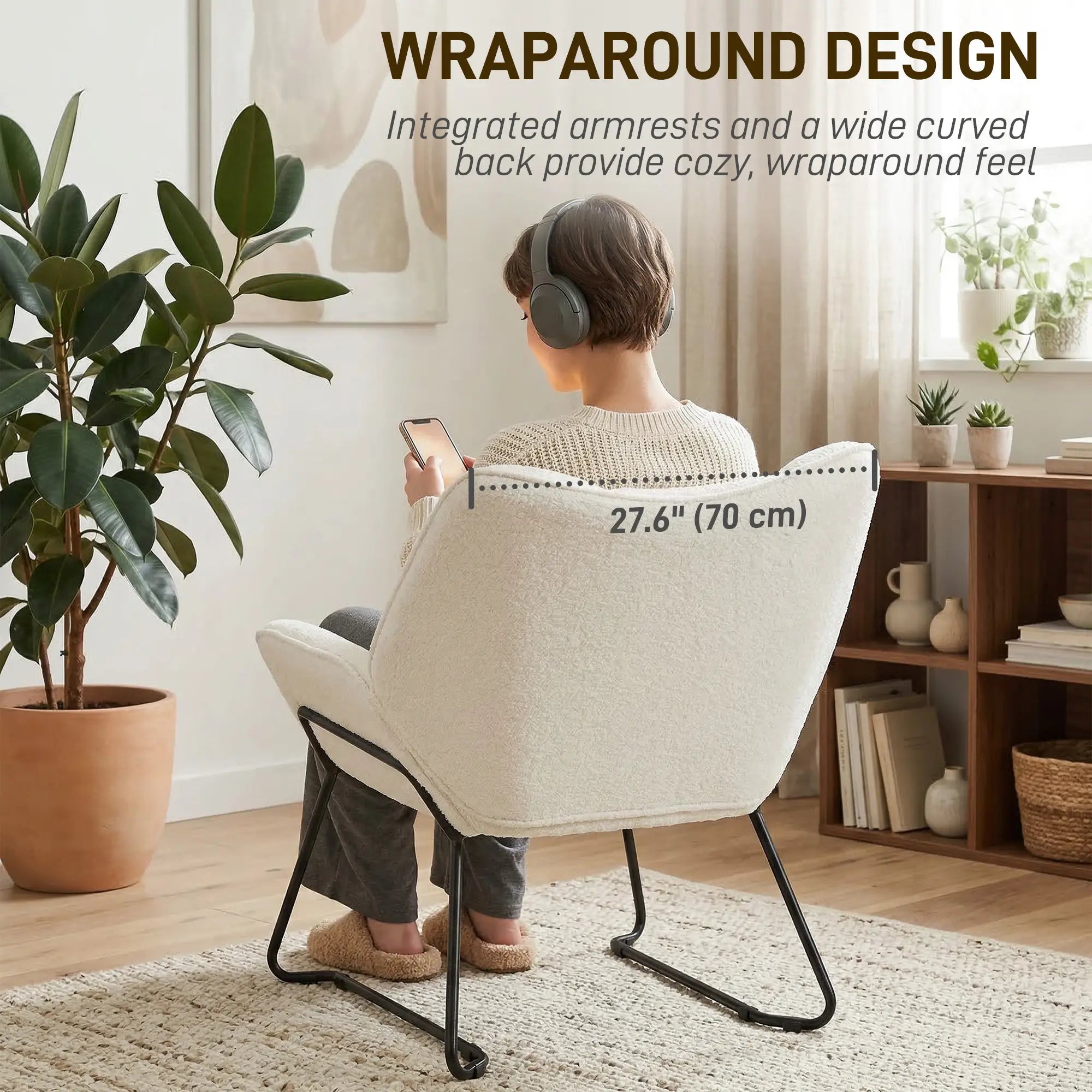 Accent Chair, Sherpa Fleece Armchair with Wide Backrest and Metal Legs, White Accent Chairs at Gallery Canada