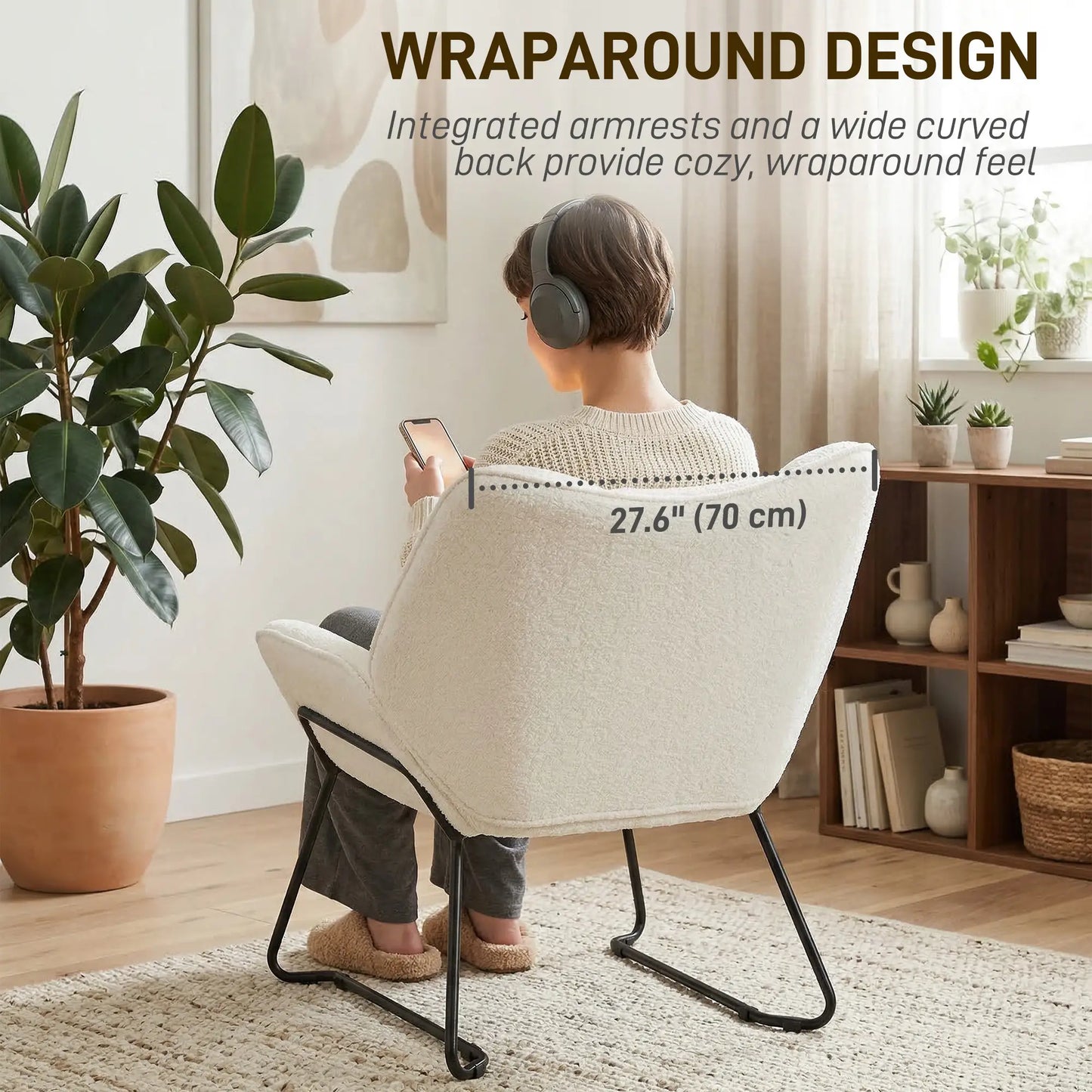Accent Chair, Sherpa Fleece Armchair with Wide Backrest and Metal Legs, White Accent Chairs at Gallery Canada