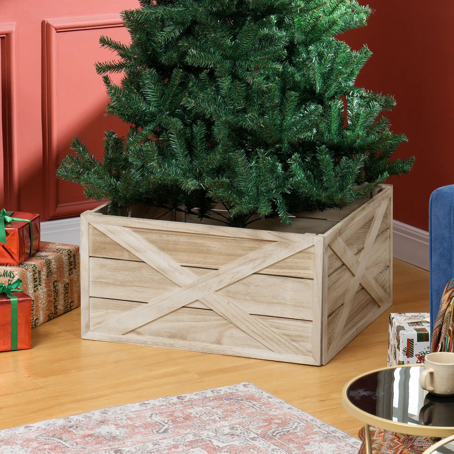 28" Farmhouse Christmas Tree Base Cover, Wood Collar, Distressed Finish Christmas Trees at Gallery Canada