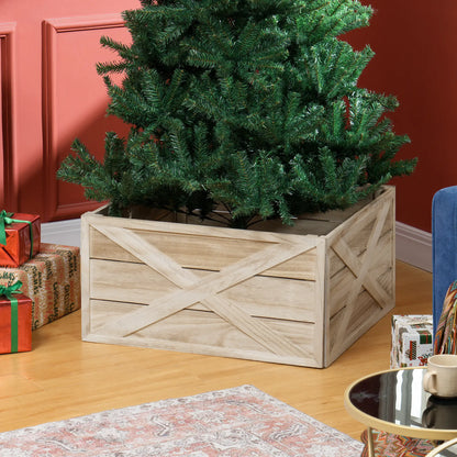 28" Farmhouse Christmas Tree Base Cover, Wood Collar, Distressed Finish Christmas Trees at Gallery Canada
