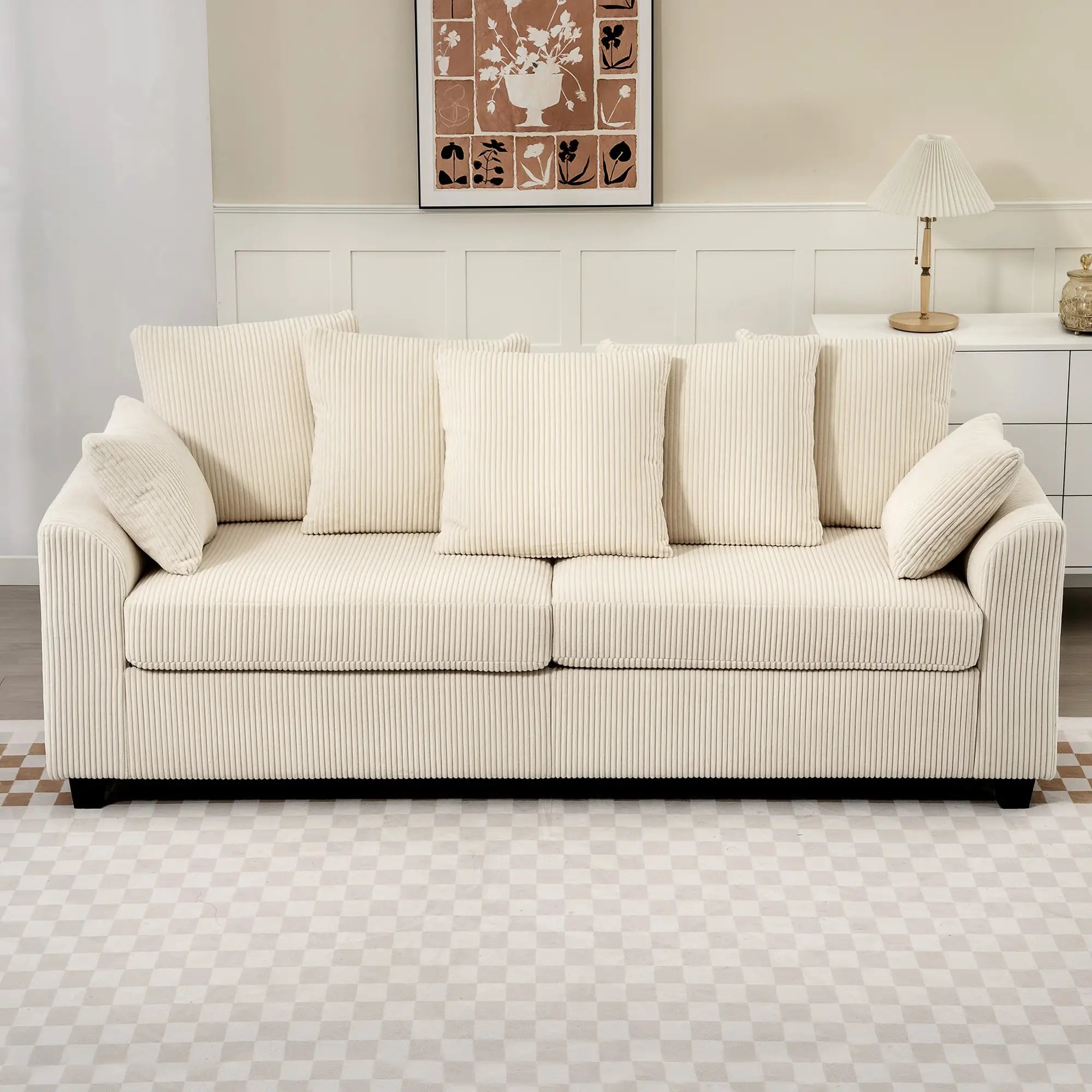 Corduroy Couch, 3 Seater Sofa, Modern with Curved Armrests, 8 Pillows, Beige 3-Seater Sofas at Gallery Canada