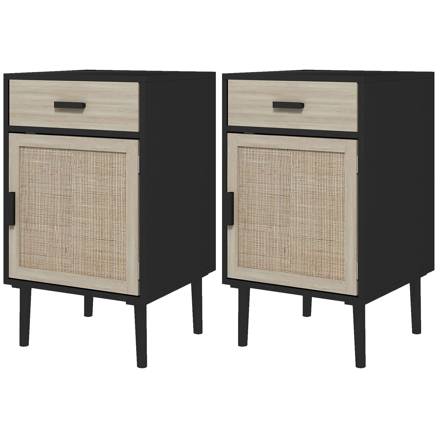 Boho Bedside Tables Set of 2, Nightstands with Drawer, Rattan Cabinet, Black Bedside Tables Black, Oak at Gallery Canada