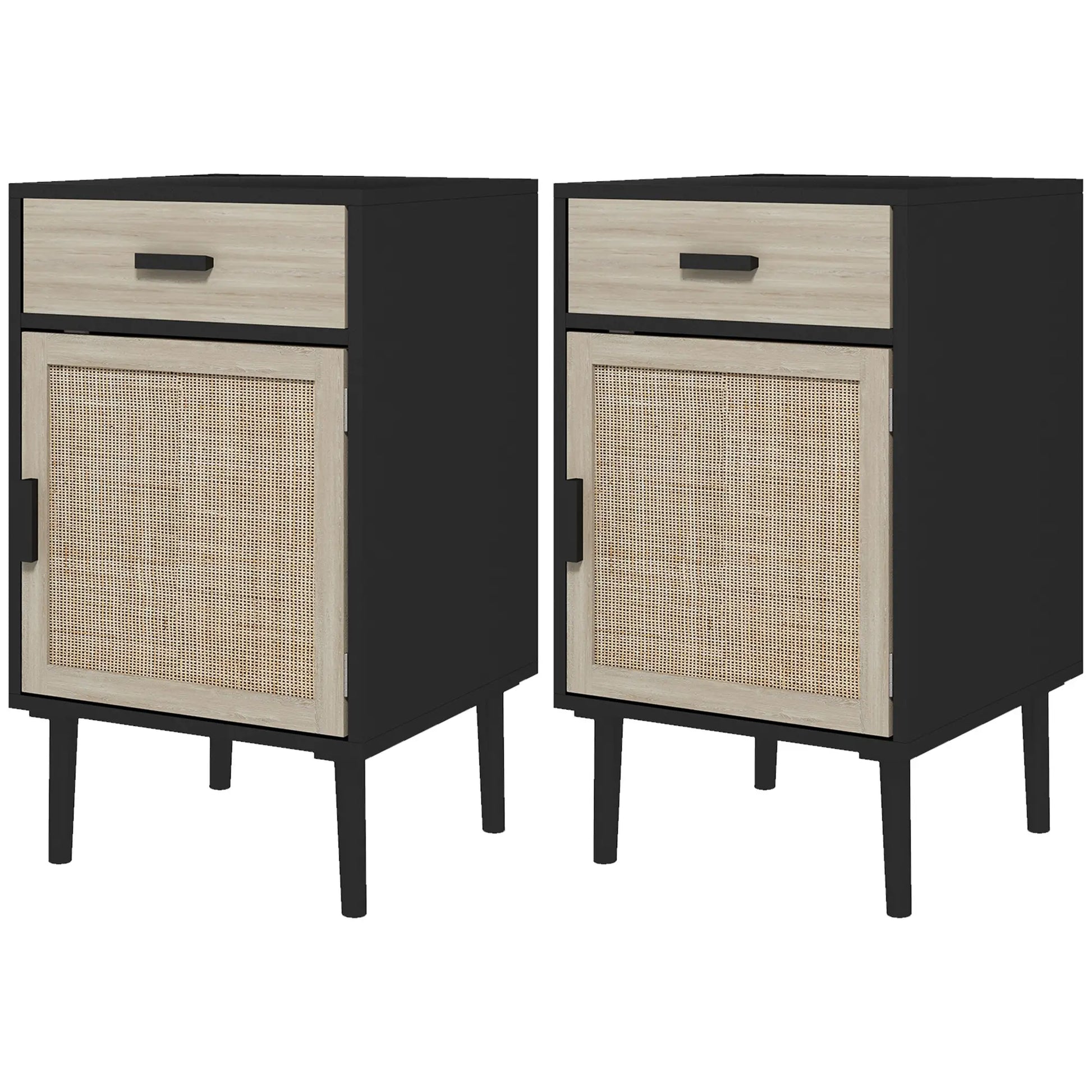 Boho Bedside Tables Set of 2, Nightstands with Drawer, Rattan Cabinet, Black Bedside Tables Black, Oak at Gallery Canada