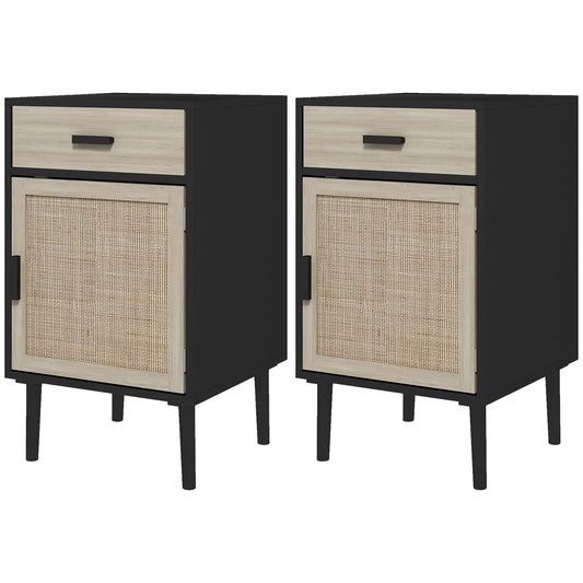 Boho Bedside Tables Set of 2, Nightstands with Drawer, Rattan Cabinet, Black Bedside Tables Black, Oak at Gallery Canada