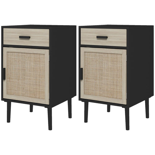 Boho Bedside Tables Set of 2, Nightstands with Drawer, Rattan Cabinet, Black