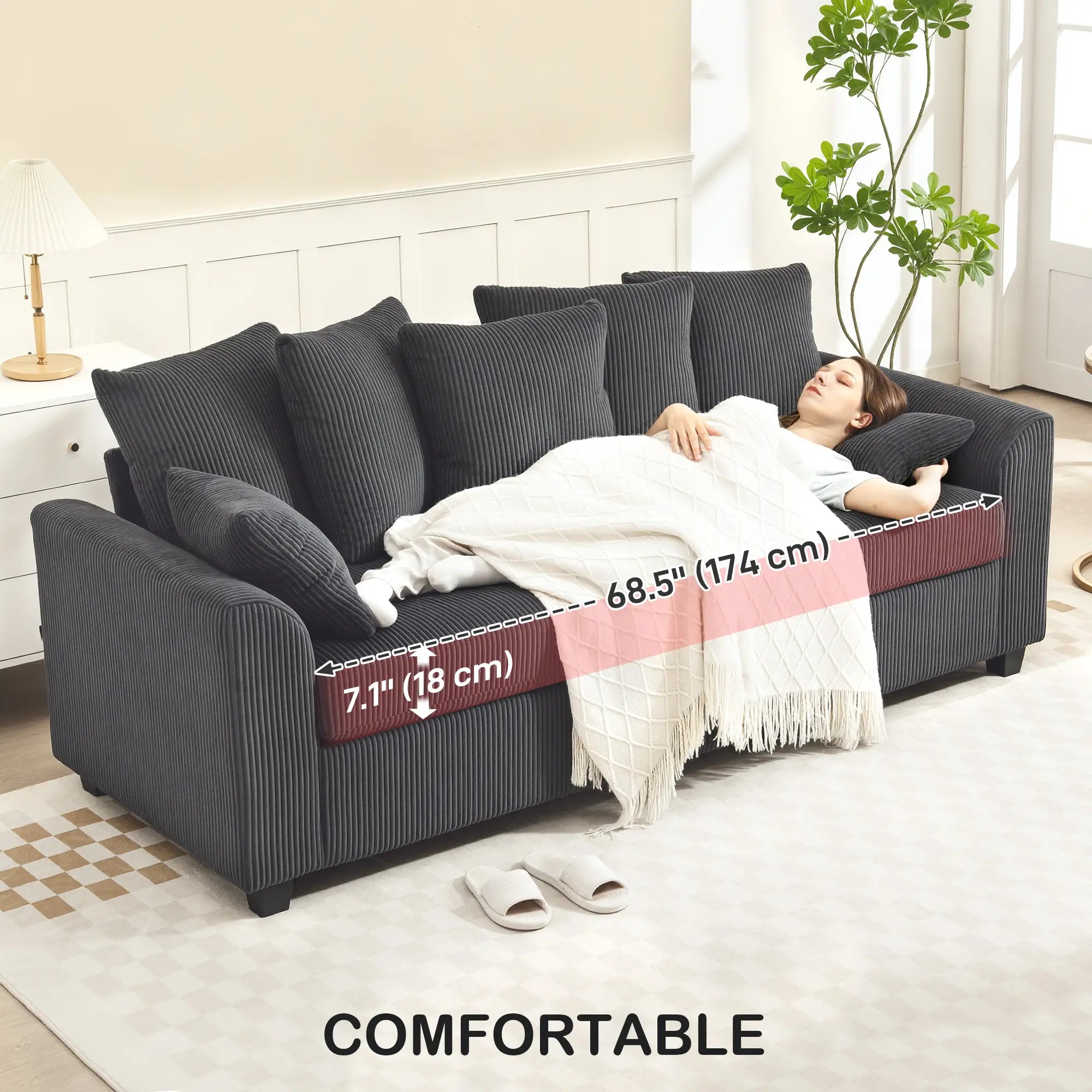 Corduroy Couch, 3 Seater Sofa, Modern Upholstered with Curved Armrests, 8 Removable Pillows, Dark Grey 3-Seater Sofas at Gallery Canada