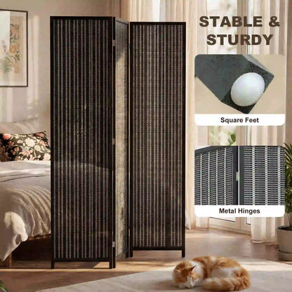 3 Panel Folding Privacy Screen, Handwoven Bamboo Pine Wood Frame, Black Room Dividers at Gallery Canada