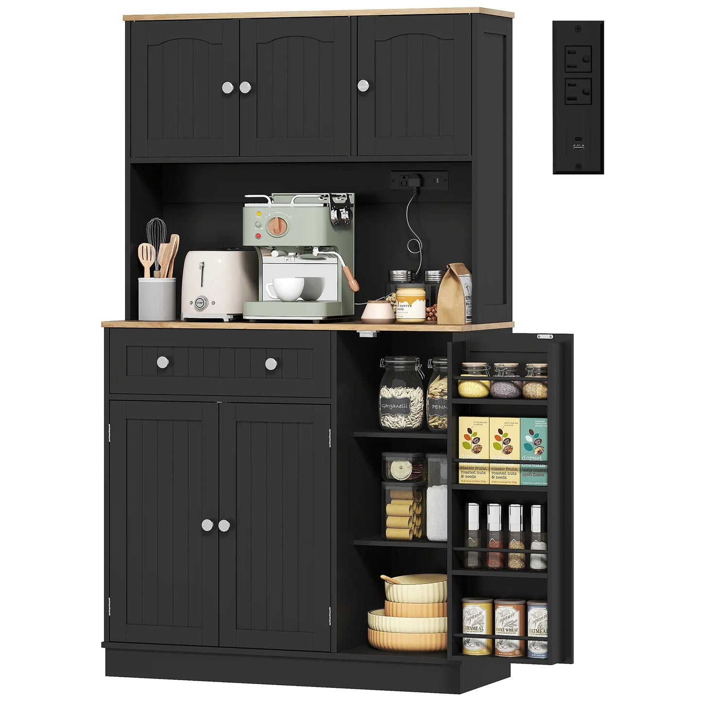 68" Pantry Cabinet with Charging Station, Microwave Stand, 4 Door Racks, Black Kitchen Pantry Cabinets Black, Oak at Gallery Canada