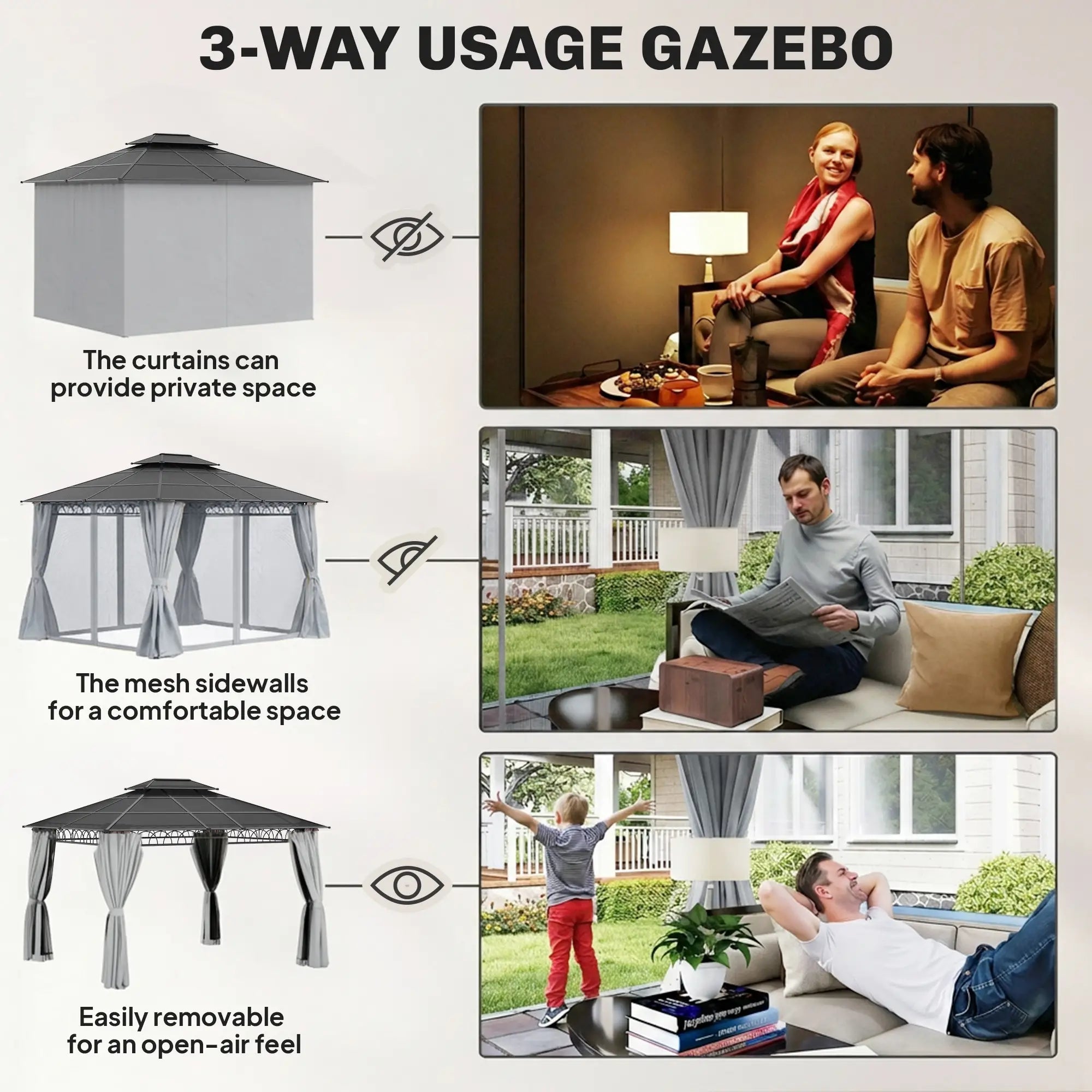 10' X 12' Outdoor Hardtop Gazebo, Double PC Roof, Steel Frame, Grey Gazebos at Gallery Canada