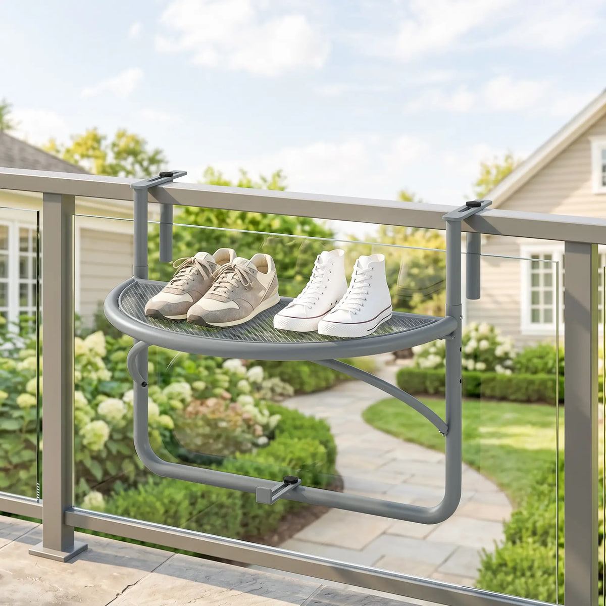Metal Balcony Hanging Railing Table, Outdoor Serving Desk, Grey Balcony Table Hanging at Gallery Canada