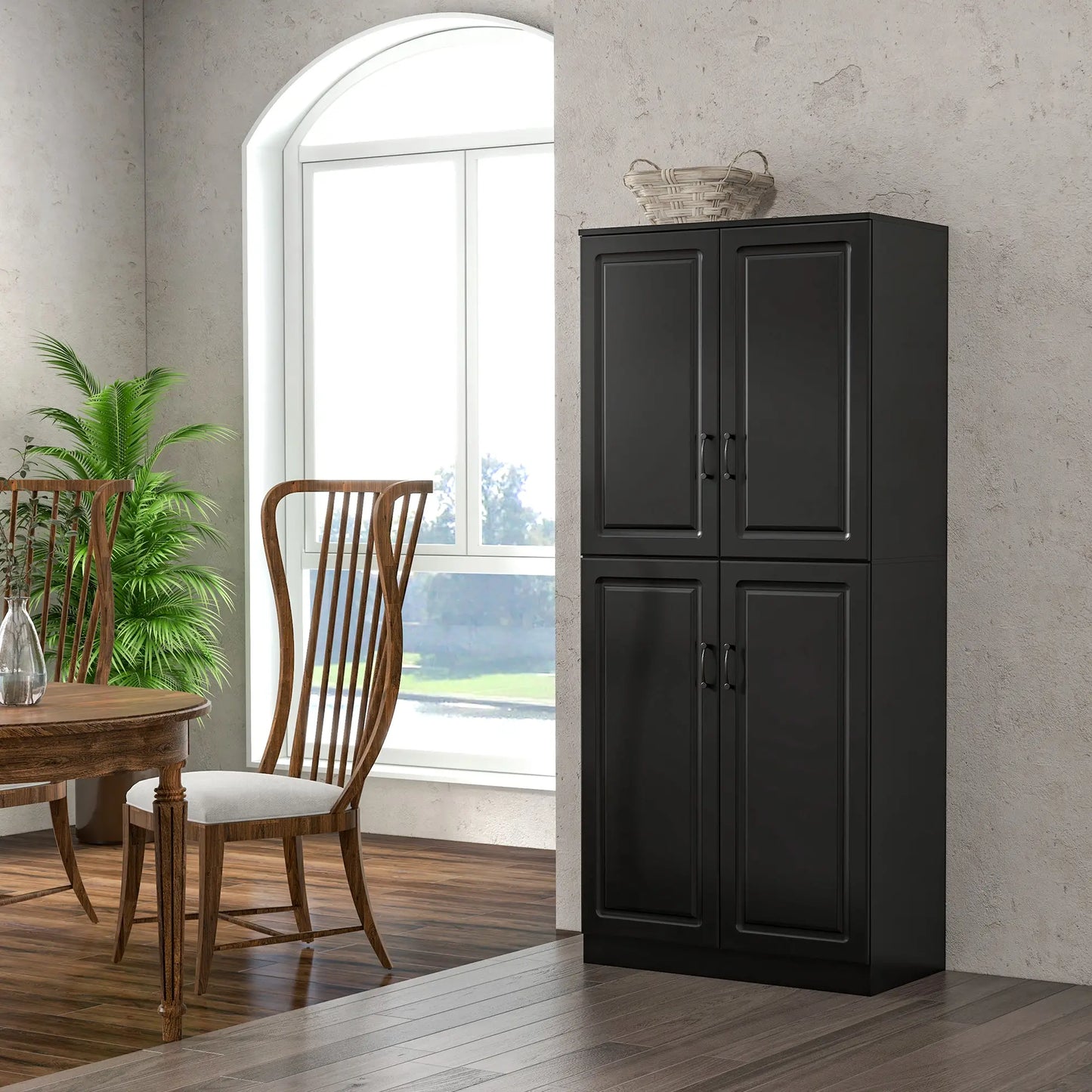 71" Freestanding Kitchen Pantry Cabinet, 4 Doors, Adjustable Shelves, Black Kitchen Pantry Cabinets at Gallery Canada