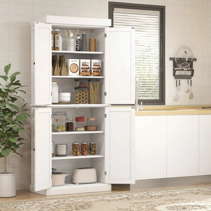 72.5" Freestanding Kitchen Pantry, 4 Doors, White Kitchen Pantry Cabinets at Gallery Canada