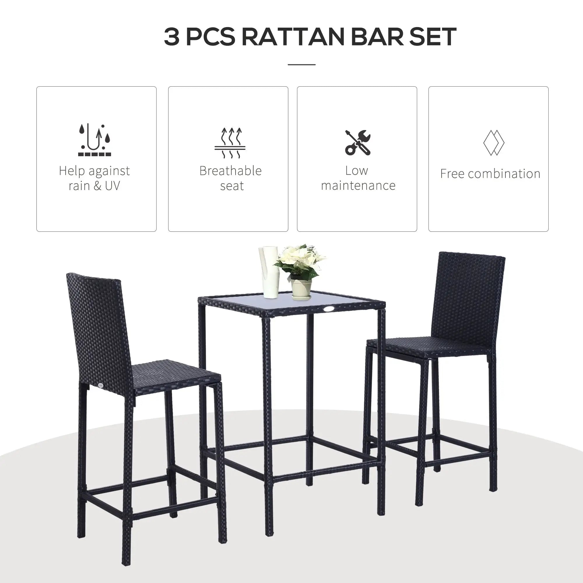 3 Piece Patio Bar Set, Wicker Rattan Bistro Table & 2 Stools, Black Bistro Sets at Gallery Canada