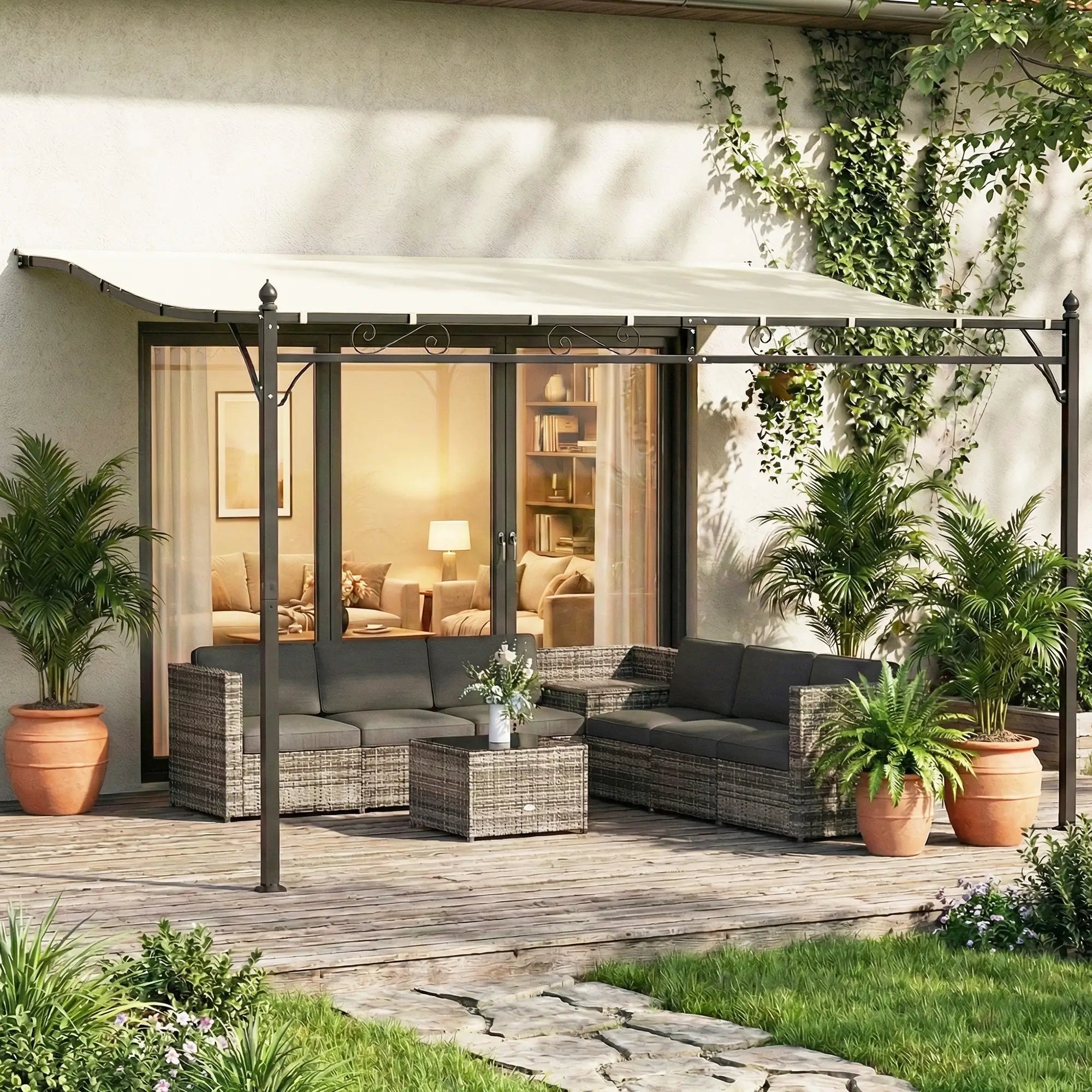 11.5' x 8.2' Outdoor Pergola, Wall Mounted Metal Frame, UPF30+ Garden Gazebo Pergolas at Gallery Canada