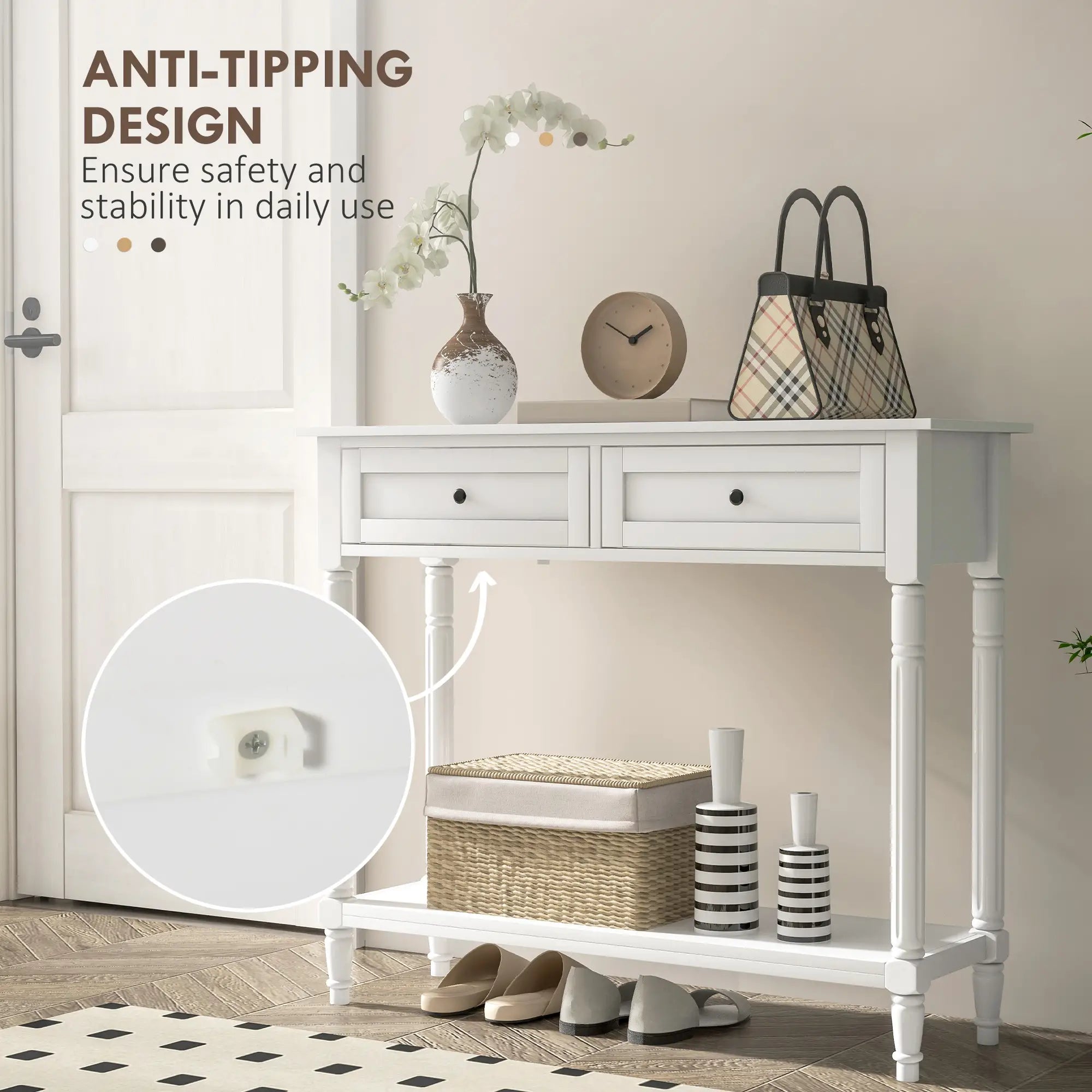 Modern Hallway Console Table, 2 Drawers, Storage Shelf, Turned Legs, White Console Tables at Gallery Canada