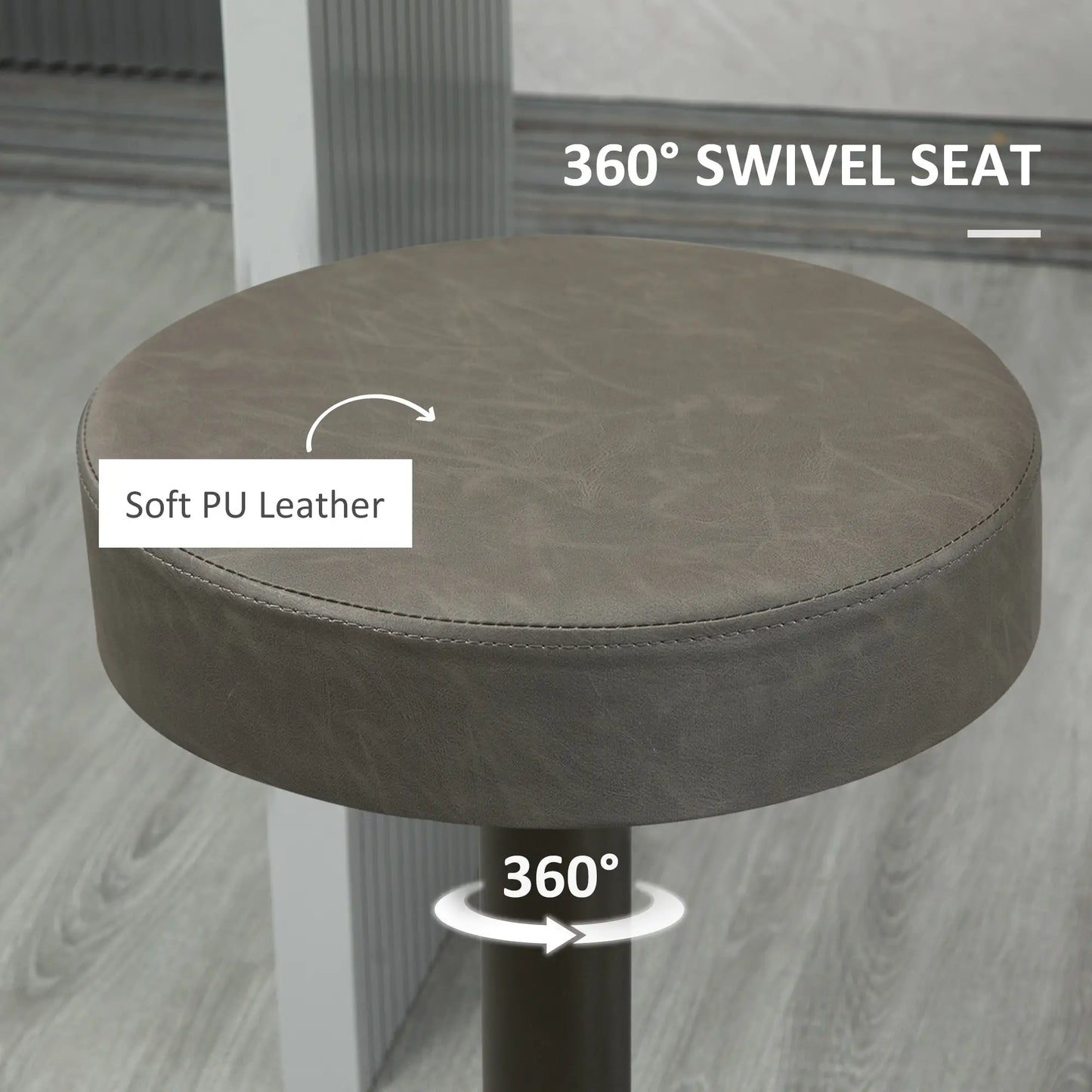 Adjustable Bar Stools Set of 2, Swivel with Footrest, PU Leather Round Top, Dark Grey Bar Stools at Gallery Canada