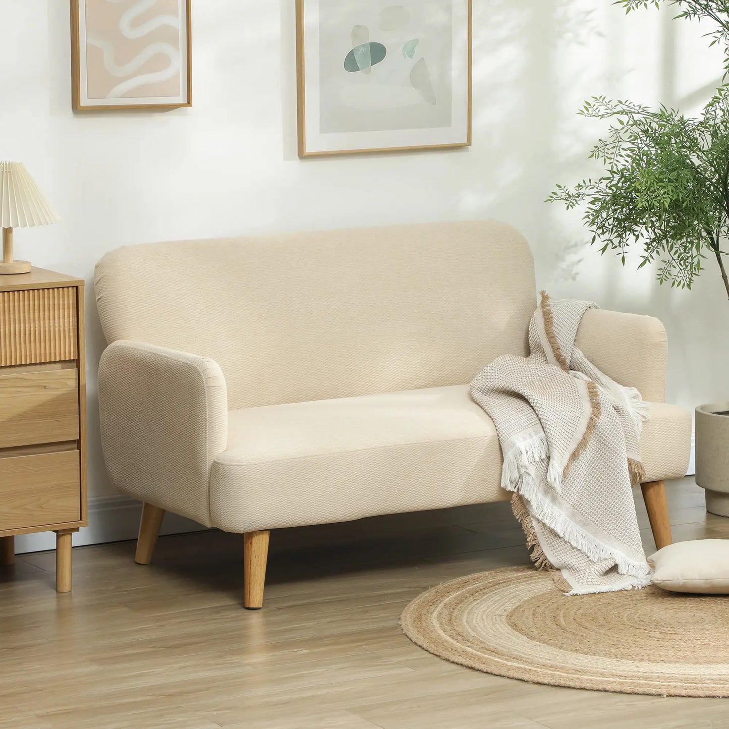Velvet Fabric 2 Seater Sofa, Small Loveseat 8.3" Thick, Cream White 2-Seater Sofas at Gallery Canada
