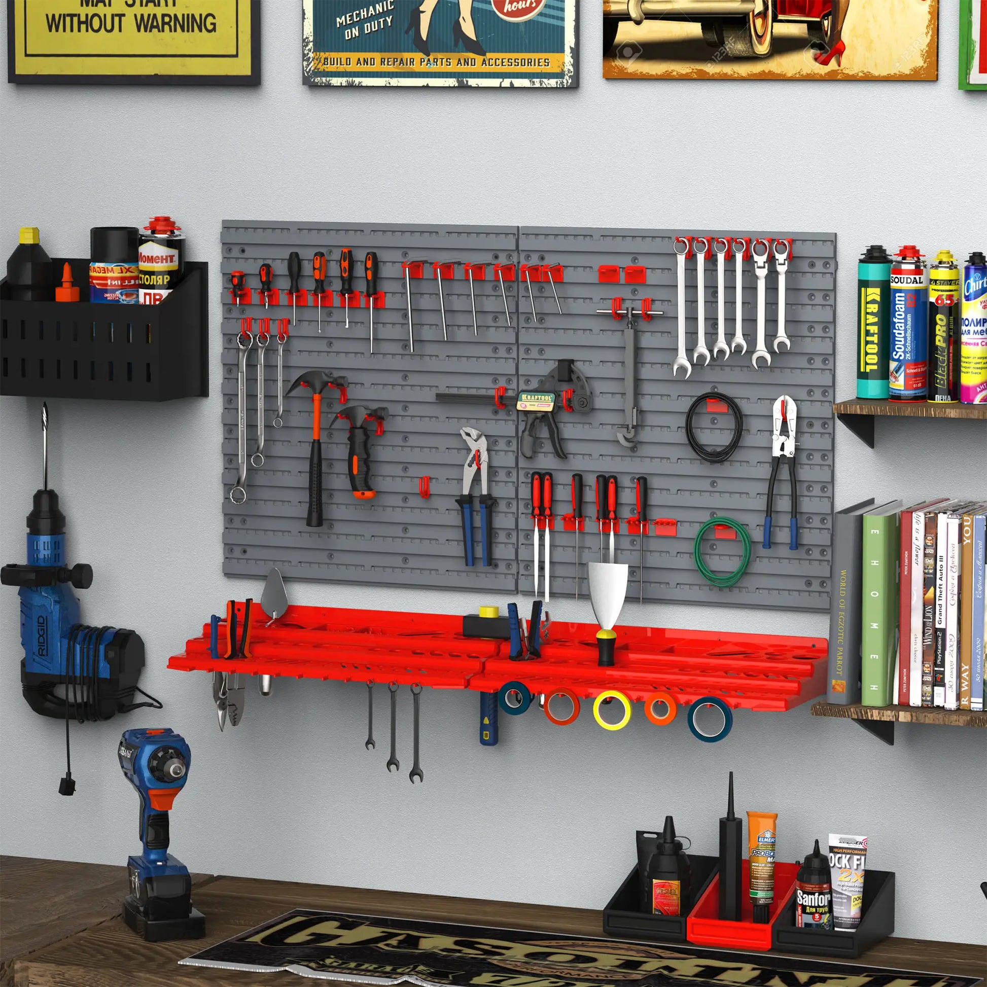 54 Piece Plastic Pegboard Panels, Wall Mounted Garage Storage, 50 Hooks, Red Tool Organizers at Gallery Canada
