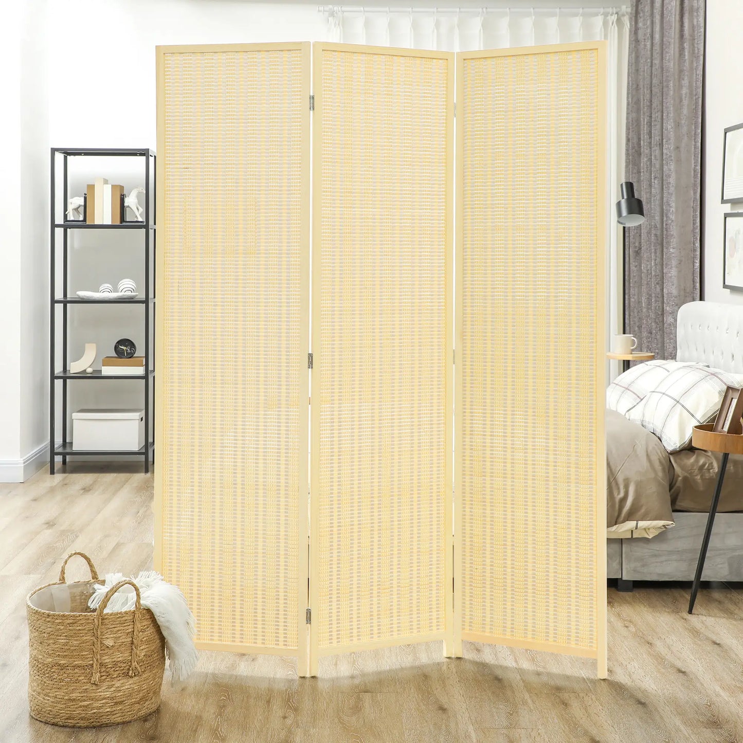 Woven Bamboo Room Divider, 3 Panel Folding Privacy Screen, Natural Wood