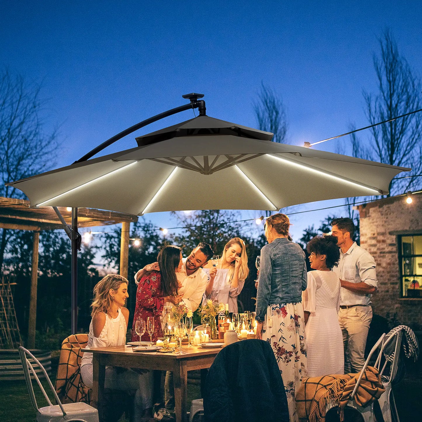 10FT Solar Cantilever Patio Umbrella with Lights, Crank, Cross Base, Light Grey Cantilever Umbrellas at Gallery Canada