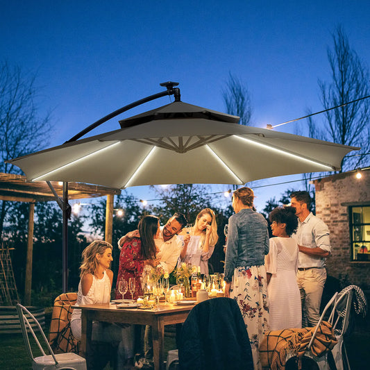 10FT Solar Cantilever Patio Umbrella with Lights, Crank, Cross Base, Light Grey Cantilever Umbrellas at Gallery Canada
