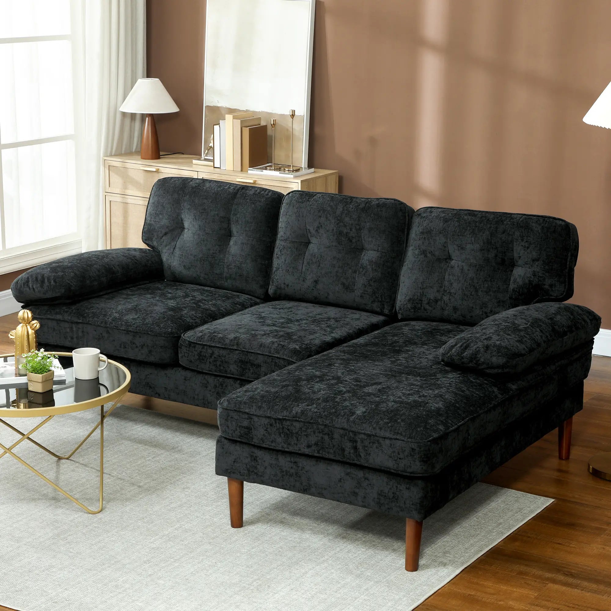 Modern Corner Couch, Right Chaise Lounge, Tufted 3-Seater Sofa, Wooden Legs, Black 3-Seater Sofas at Gallery Canada