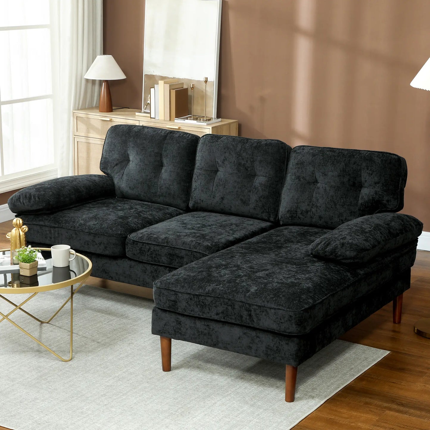 Modern Corner Couch, Right Chaise Lounge, Tufted 3-Seater Sofa, Wooden Legs, Black 3-Seater Sofas at Gallery Canada