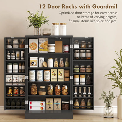 Kitchen Pantry Storage Cabinet, 5-Tier, 12 Spice Racks, Black, Black