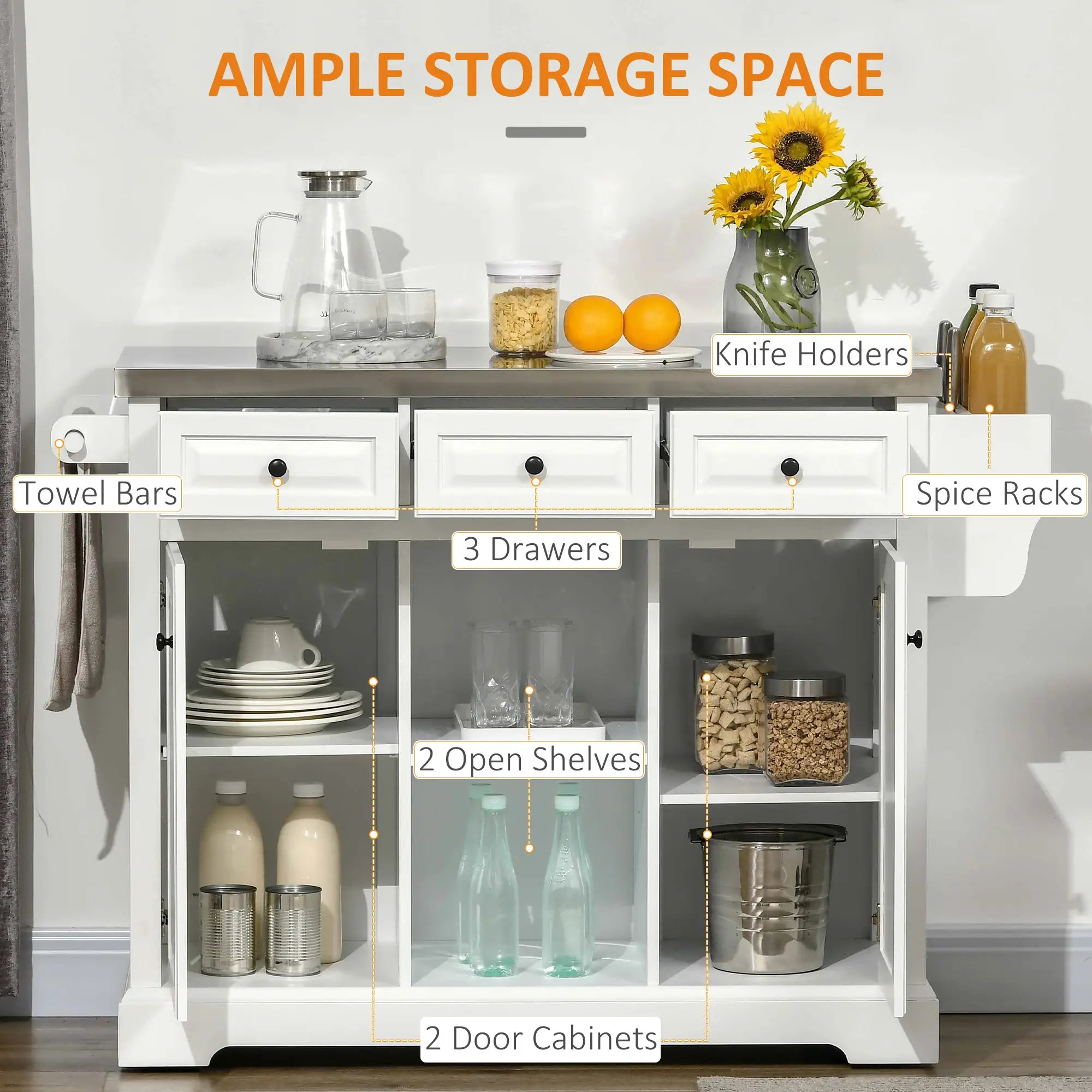 Kitchen Island on Wheels, Stainless Steel Top, Spice Rack, Drawers, White Kitchen Islands & Kitchen Carts at Gallery Canada