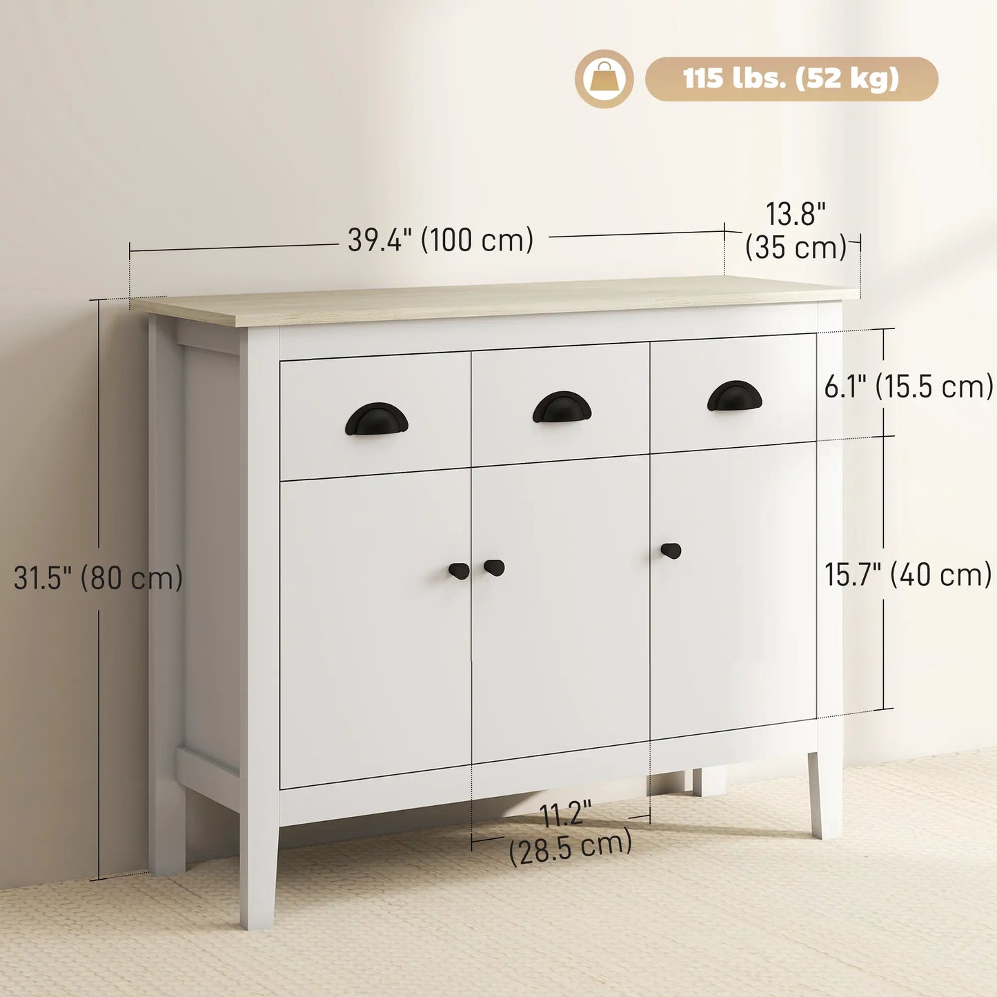 40" Sideboard Buffet Cabinet, 3 Drawers, 2 Adjustable Shelves, White