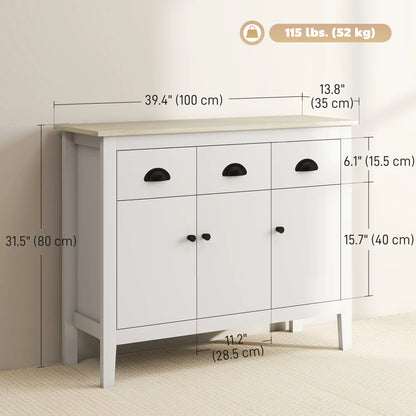 40" Sideboard Buffet Cabinet, 3 Drawers, 2 Adjustable Shelves, White