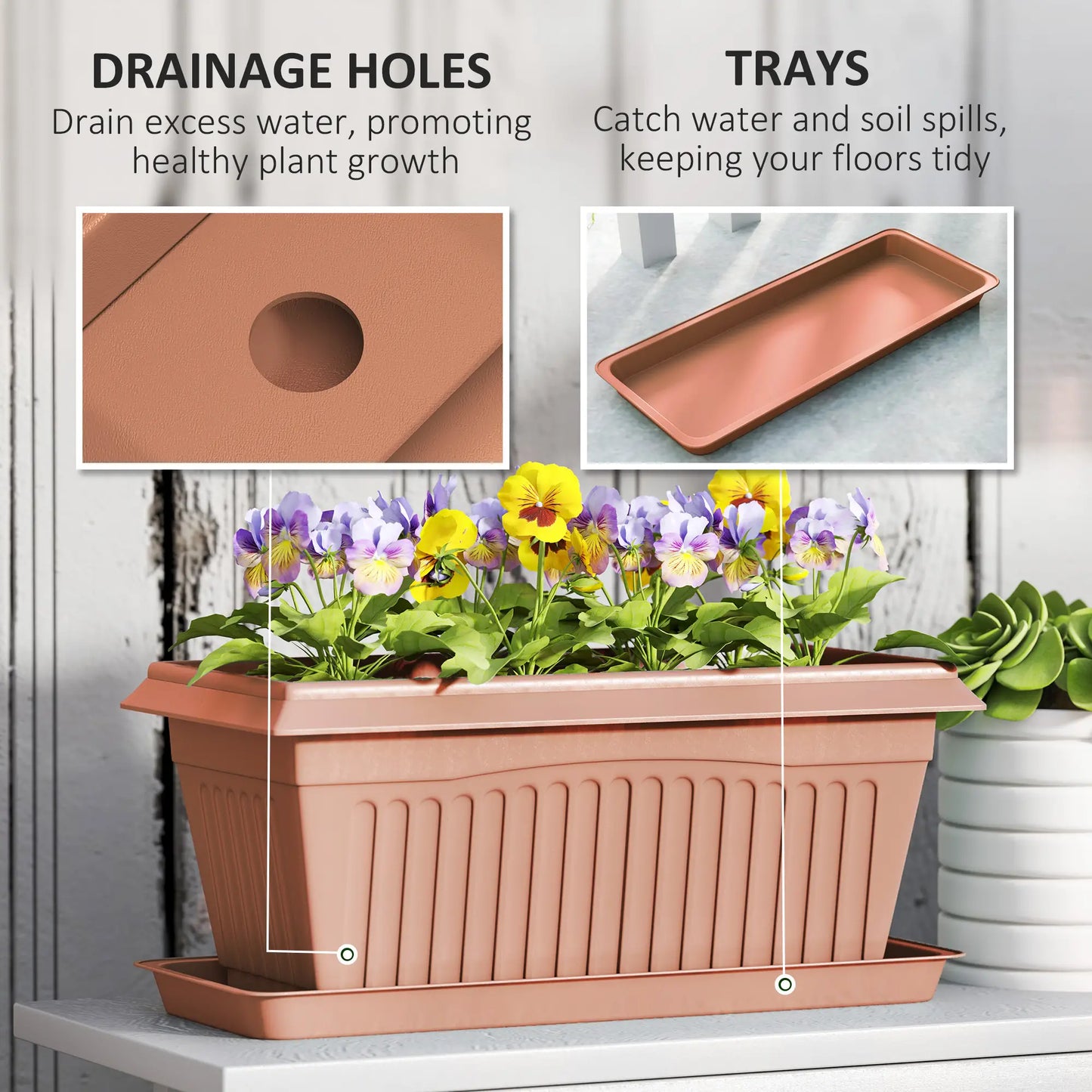 7 Pack 15.7" Plastic Flower Planters, Drainage Holes, Trays, Brown Garden Accessories at Gallery Canada