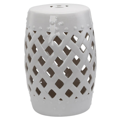 18" Ceramic Garden Stool, Woven Lattice Design, Indoor Outdoor, White Patio Chairs at Gallery Canada