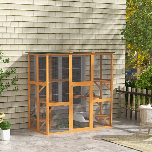 71" x 39" x 71" Cat Cage, Large Outdoor Wooden Cat Patio with 6 Balanced Platforms and Asphalt Roof, Orange - Gallery Canada