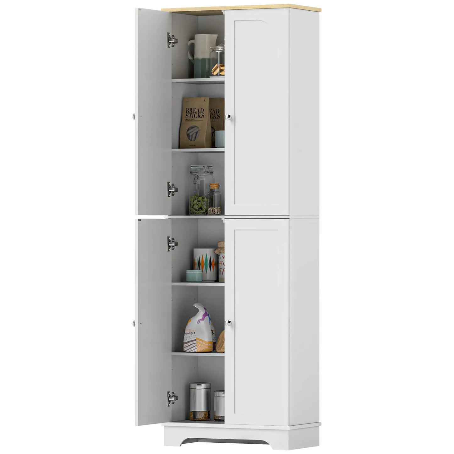 72" Tall Pantry Cabinet, Adjustable Shelves, 4 Doors, White Storage Cabinets White, Natural at Gallery Canada