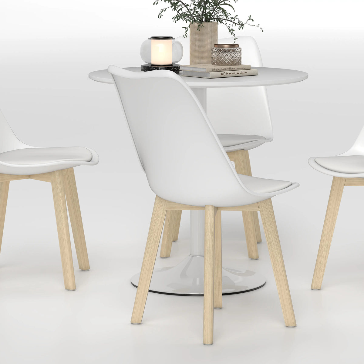 Round Dining Table Set for 4, Pedestal Base, PU Padded Seats, White Dining Table Sets at Gallery Canada