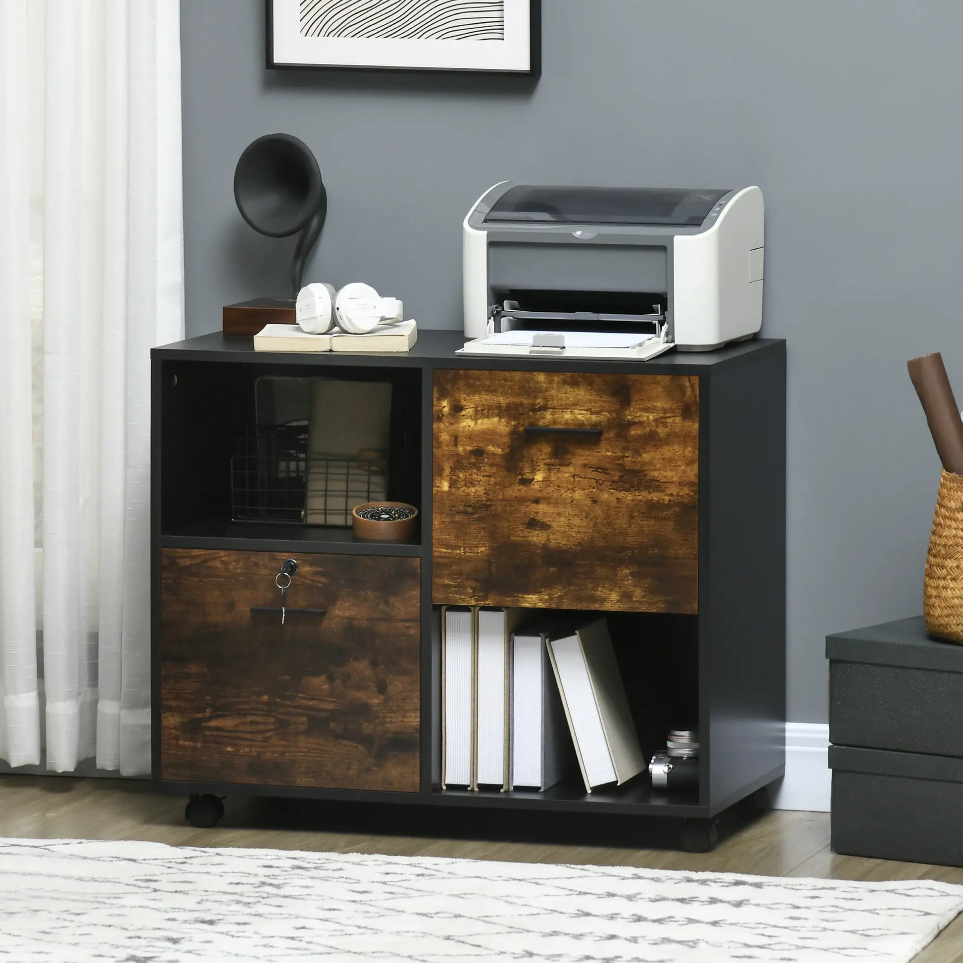 Lateral Filing Cabinet with Drawers, Lock, Wheels, Rustic Brown Office Cabinets & Cupboards at Gallery Canada