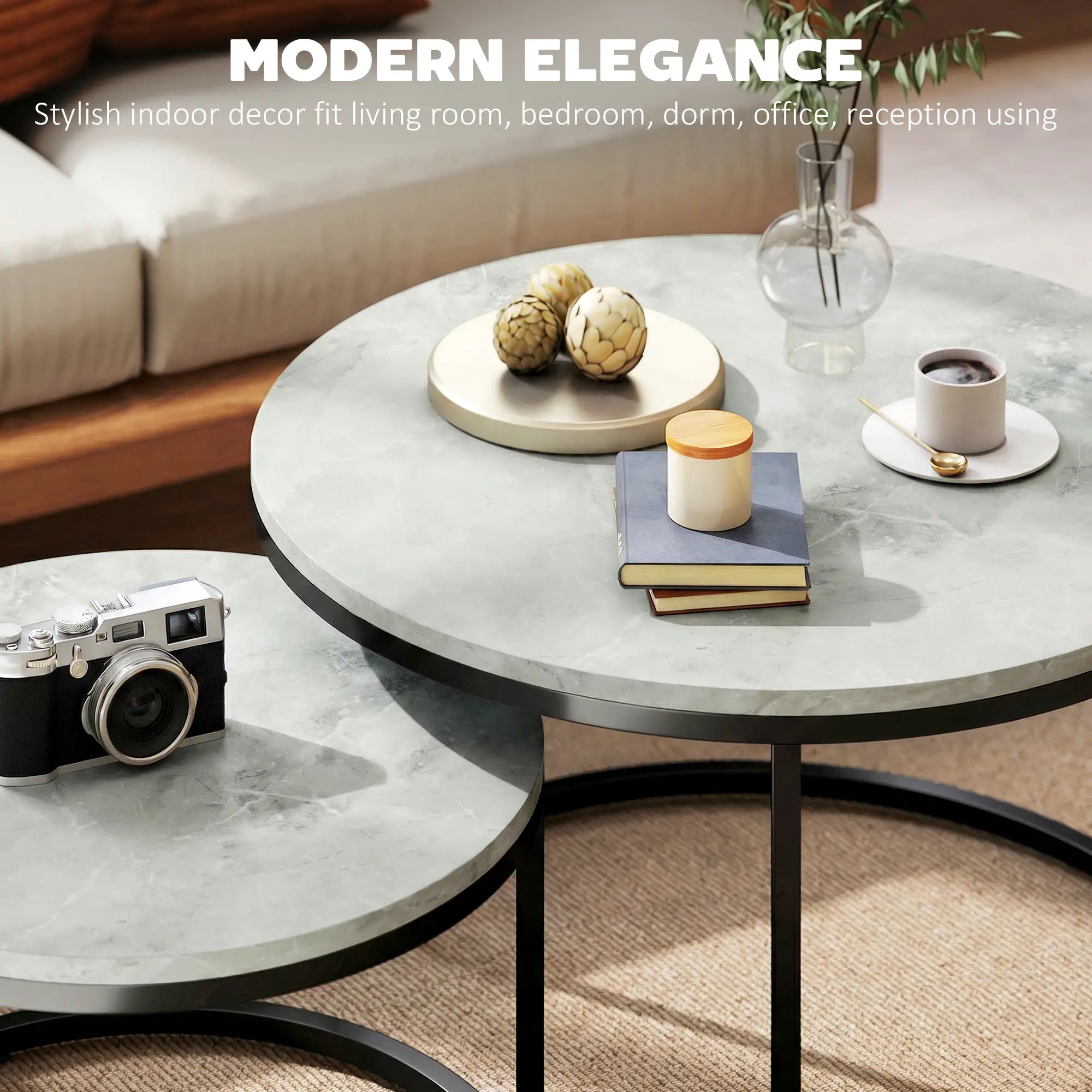 Coffee Table Set Of 2, Nesting Side Tables, Metal Base, Marble Grey, Grey Coffee Tables at Gallery Canada