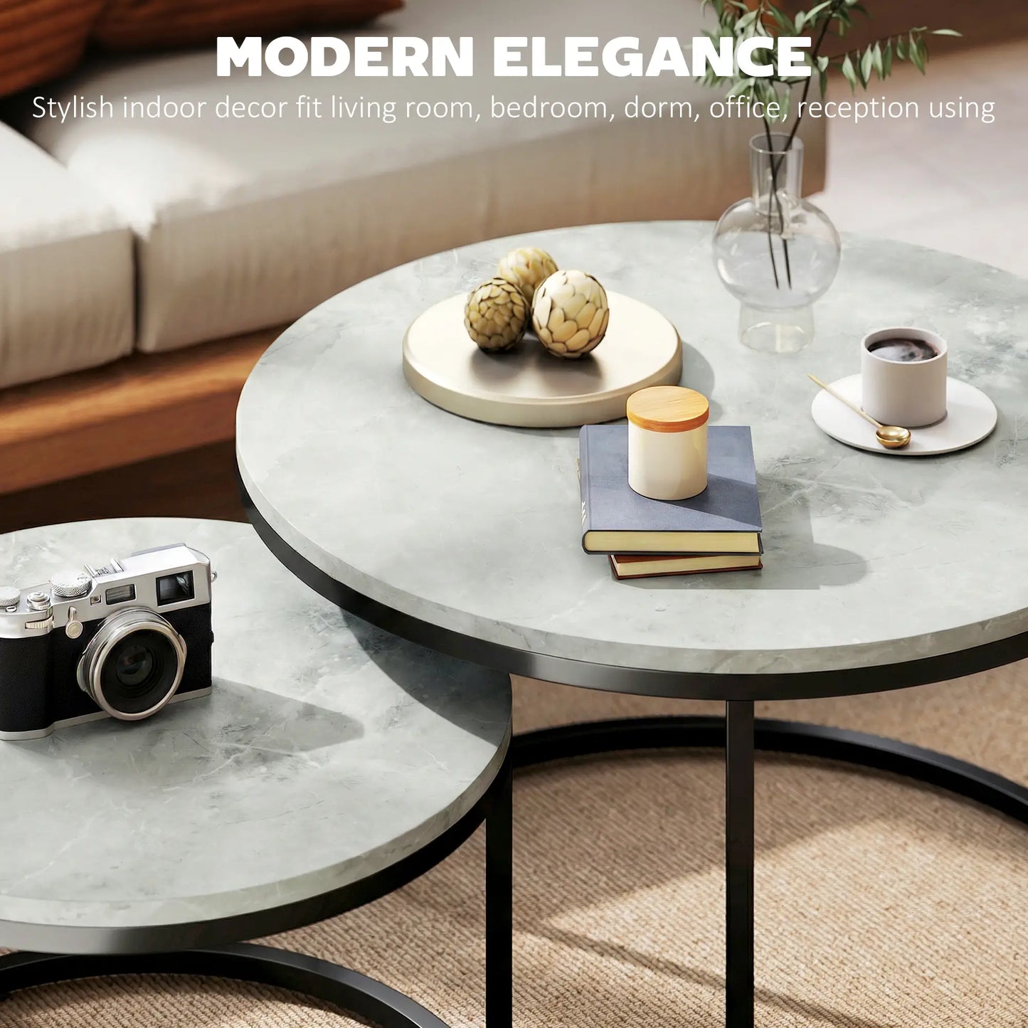 Coffee Table Set Of 2, Nesting Side Tables, Metal Base, Marble Grey, Grey Coffee Tables at Gallery Canada