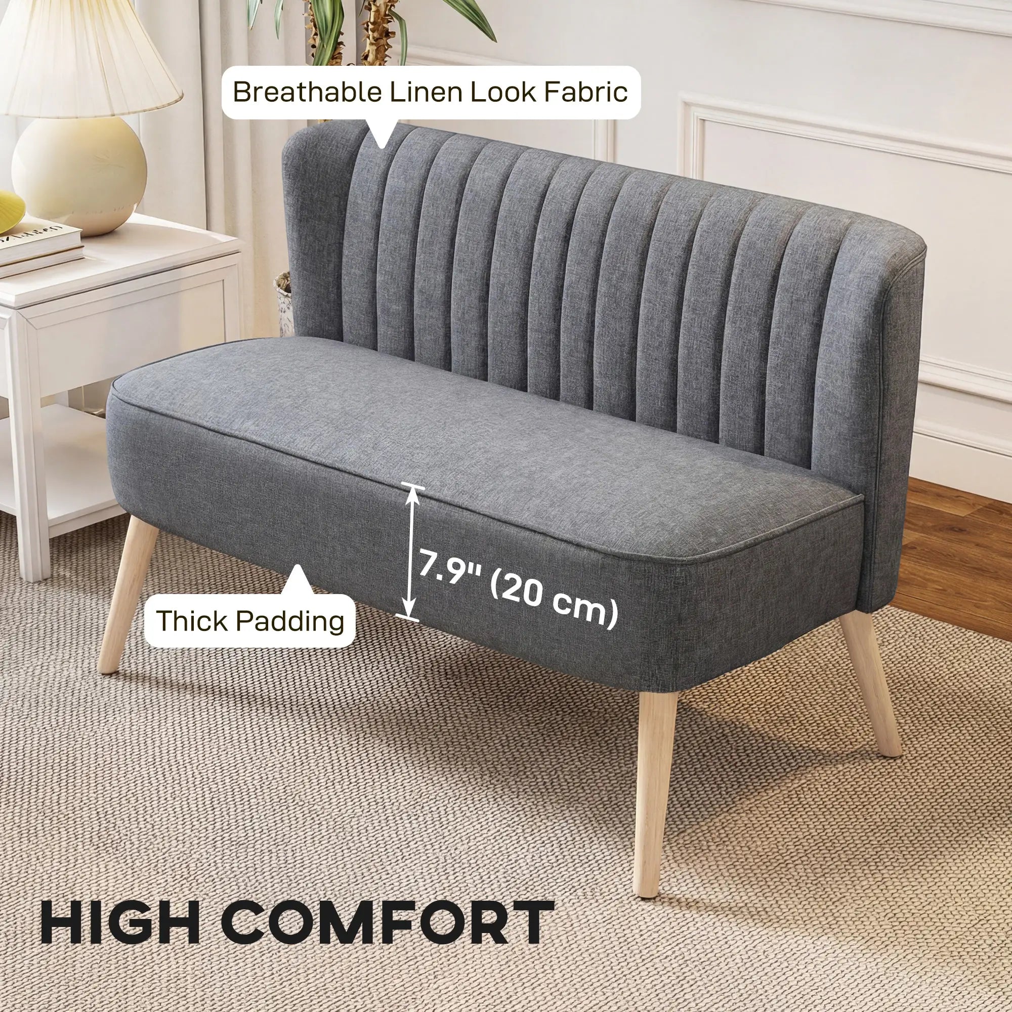 Modern 2 Seater Sofa, Upholstered Couch with Rubber Wood Legs, Grey 2-Seater Sofas at Gallery Canada