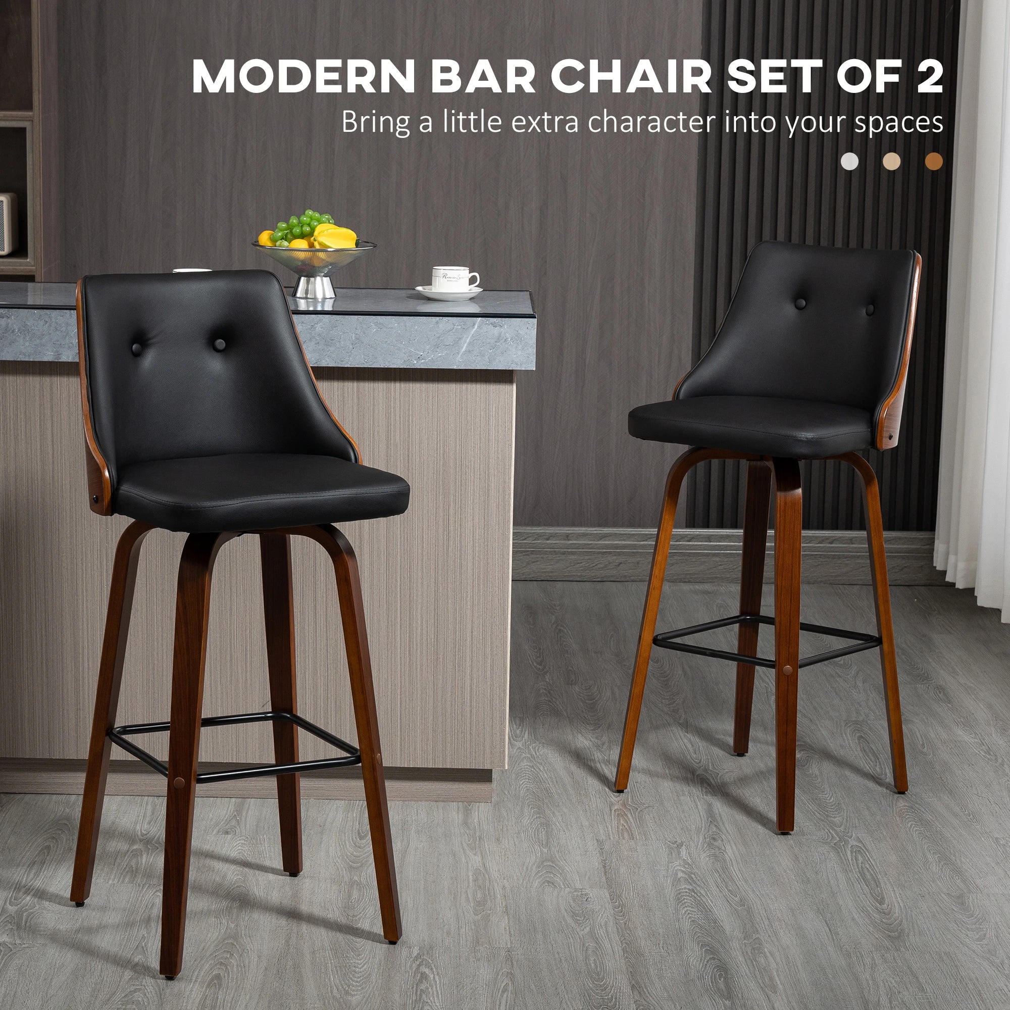 PU Leather Swivel Bar Stools, Set of 2, Solid Wood Legs, Black Bar Stools at Gallery Canada