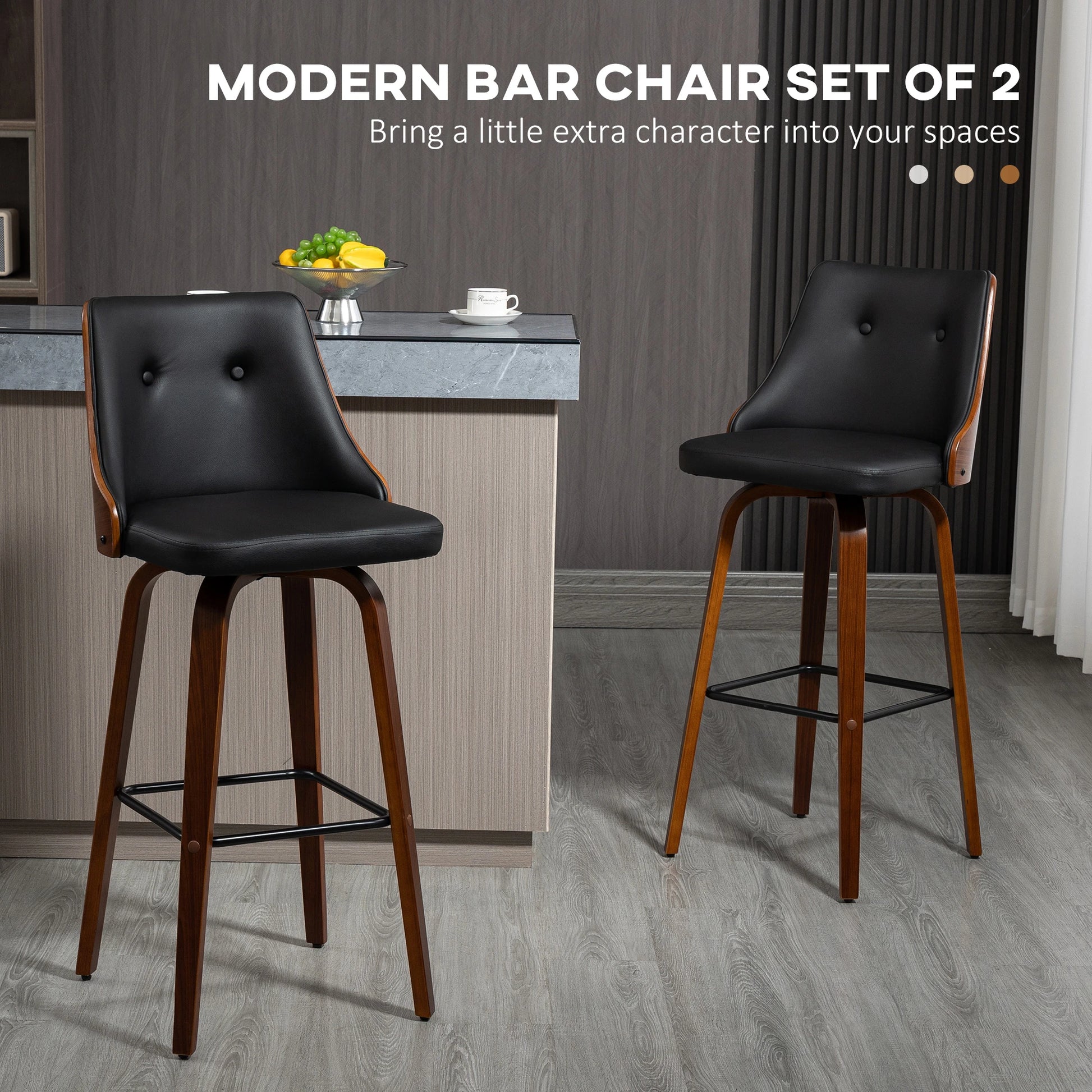 PU Leather Swivel Bar Stools, Set of 2, Solid Wood Legs, Black Bar Stools at Gallery Canada