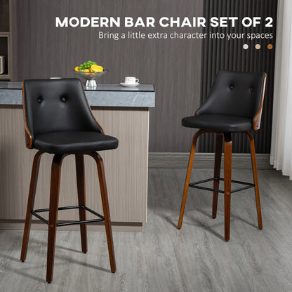 PU Leather Swivel Bar Stools, Set of 2, Solid Wood Legs, Black Bar Stools at Gallery Canada
