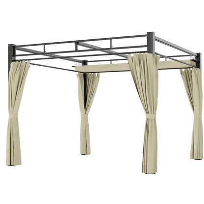 10' x 10' Outdoor Gazebo, Retractable Pergola Canopy With Curtains, Beige