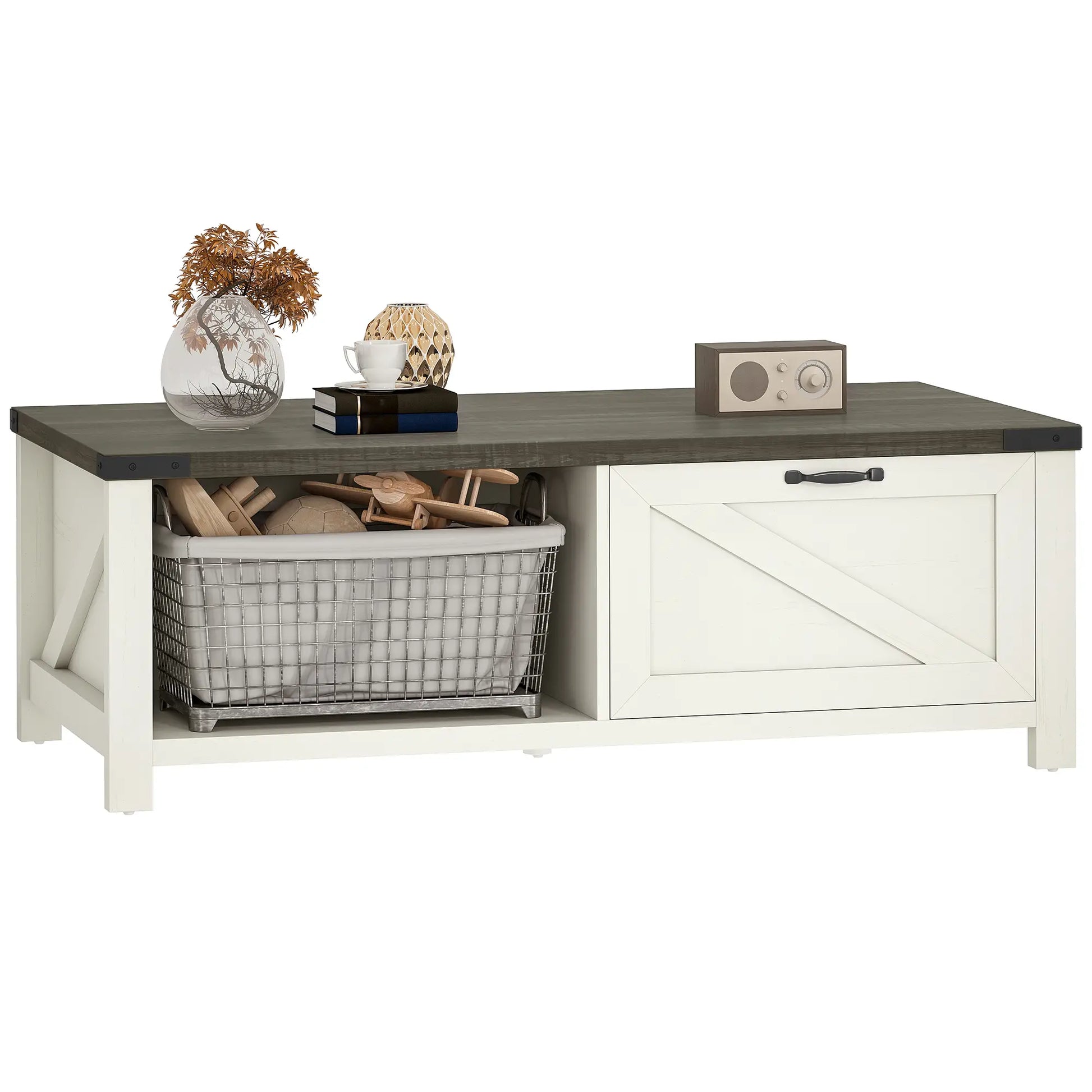 Farmhouse Coffee Table with Drawer, Open Shelf, Distressed White Coffee Tables at Gallery Canada