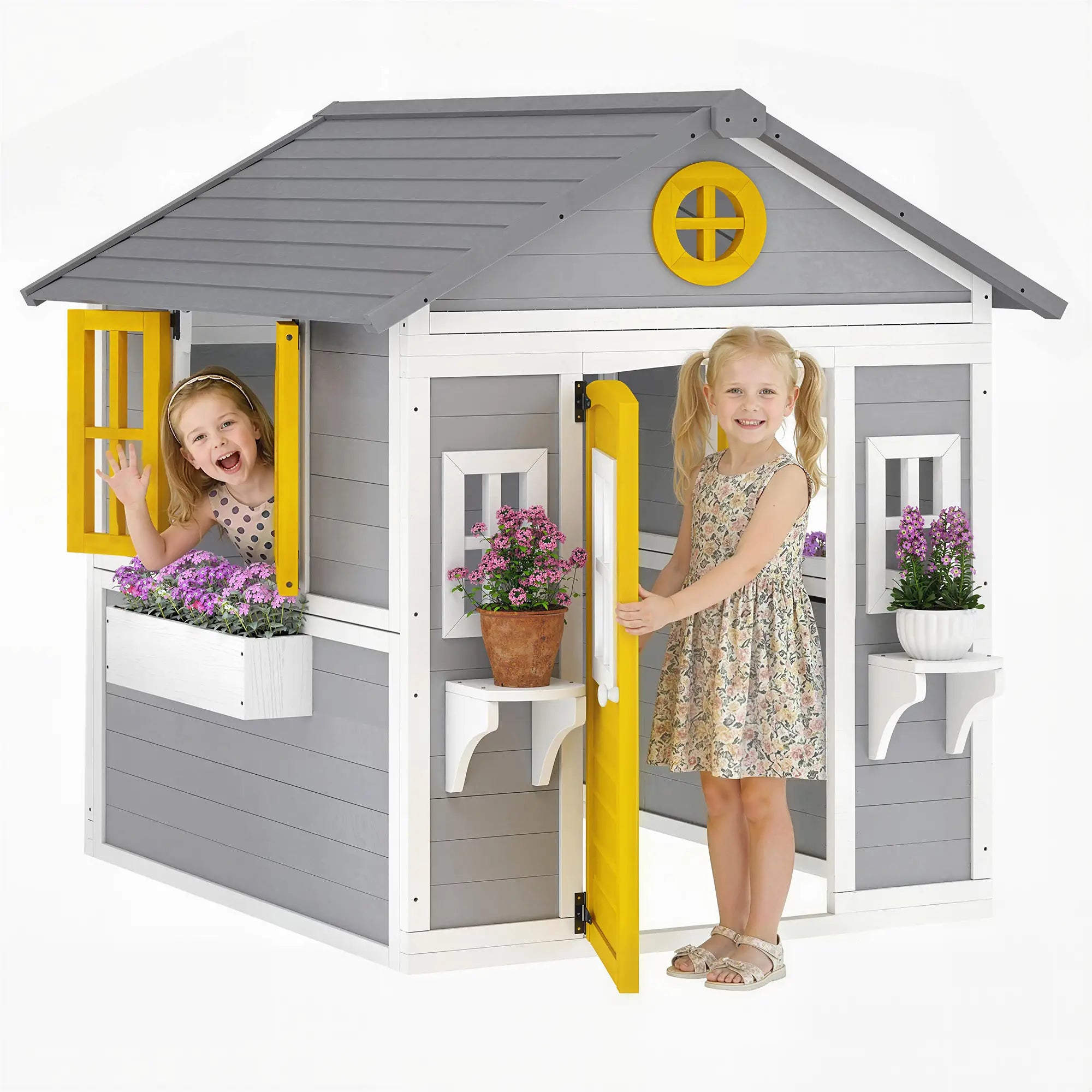 Wooden Playhouse For Kids, With Door, Windows, Planter Pots, Grey Play Houses at Gallery Canada