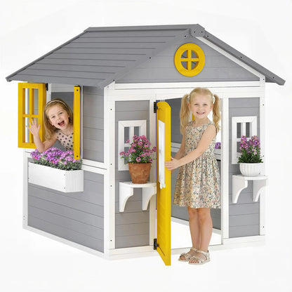 Wooden Playhouse For Kids, With Door, Windows, Planter Pots, Grey Play Houses at Gallery Canada