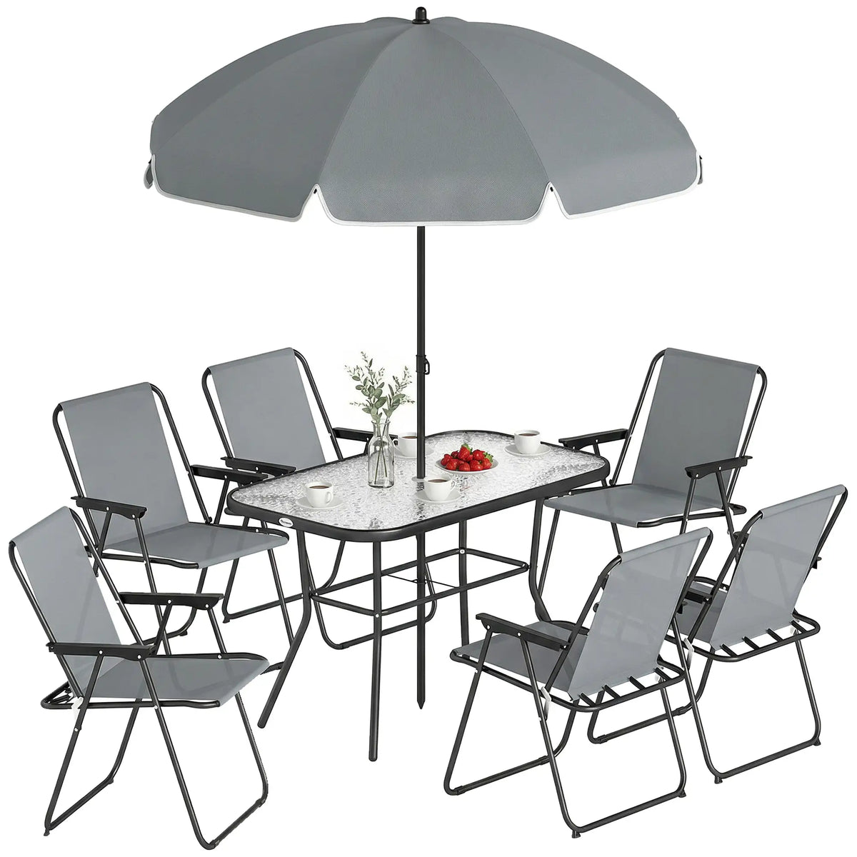 8 Piece Patio Table And Chairs Set, Tempered Glass Tabletop, Grey