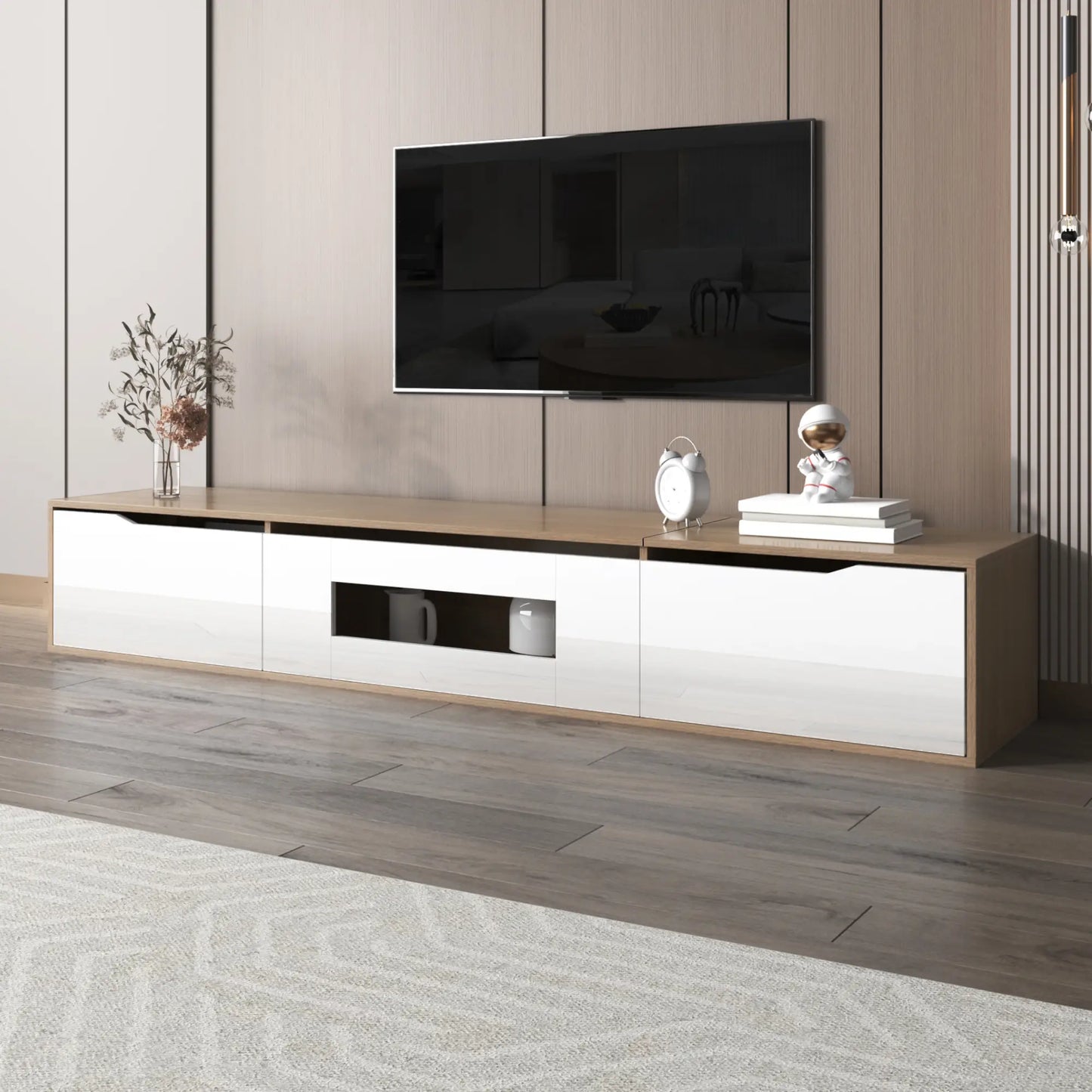 Modern TV Stand With LED Lighting, 71" L x 12" W x 12" H, Wood, White TV Stands at Gallery Canada