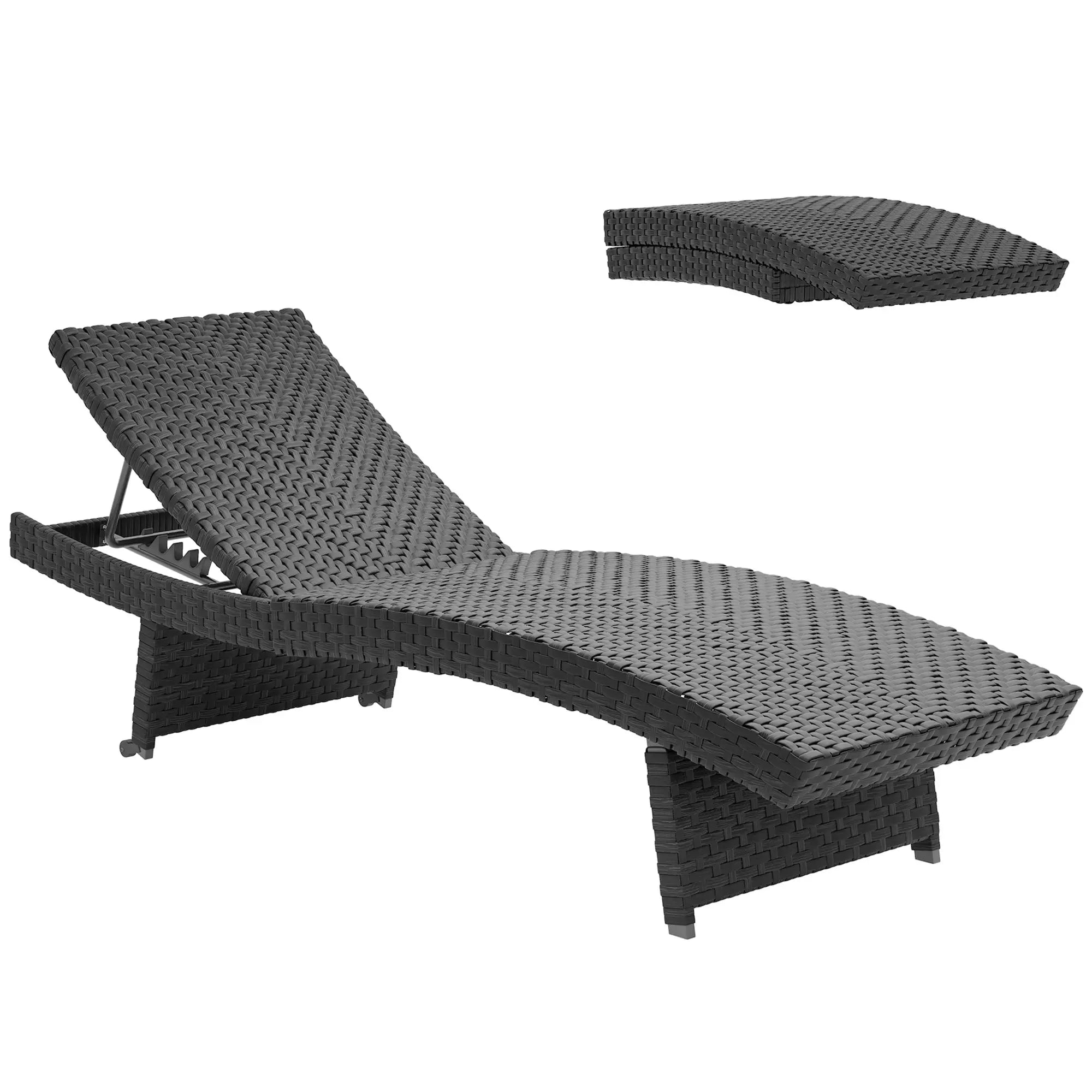 Folding Wicker Outdoor Chaise Lounge, 4-Level Adjustable Backrest, Black Wicker Chaise Loungers at Gallery Canada